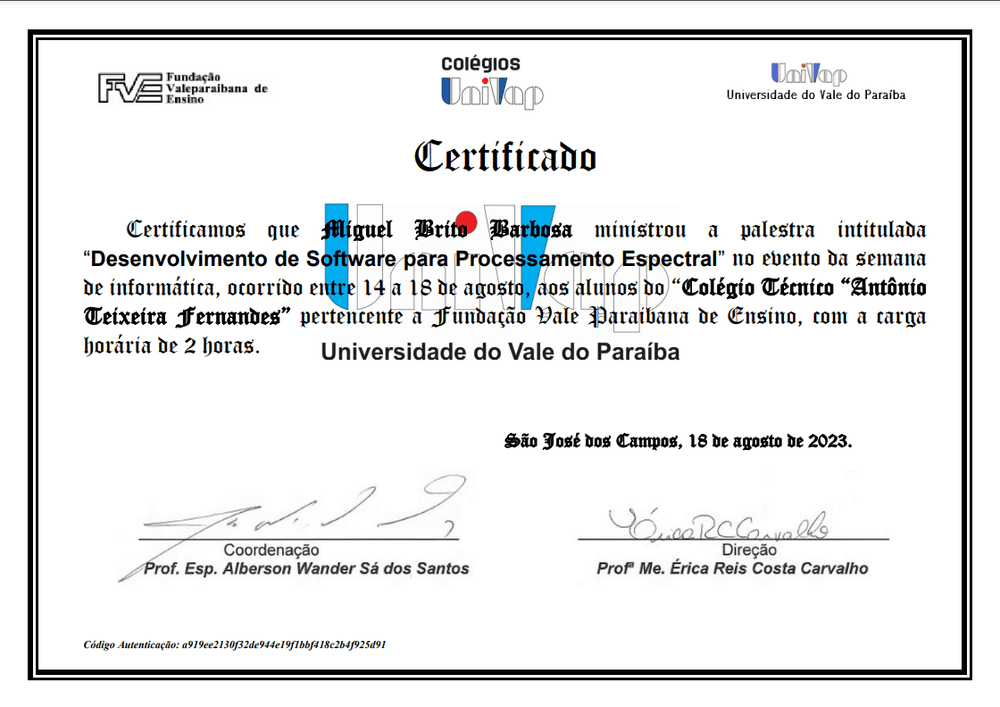 Certificado Digital da Palestra, Semana de Informática 2023 (Colégio Técnico Univap)