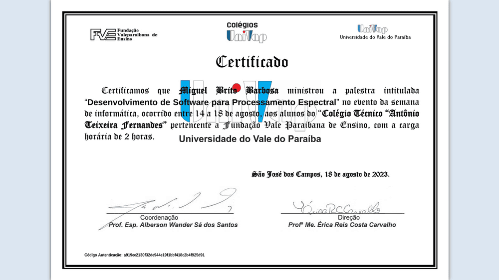 Recebi um certificado de palestrante