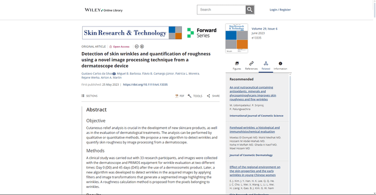Participação na publicação do artigo "Detection of skin wrinkles and quantification of roughness using a novel image processing technique from a dermatoscope device".
