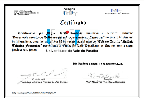 Certificado Digital da Palestra, Semana de Informática 2023 (Colégio Técnico Univap)