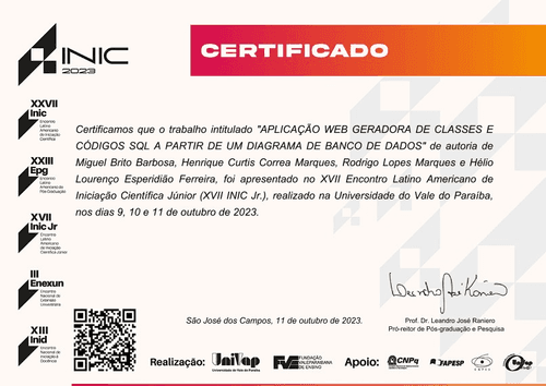  Certificado de Apresentação de Trabalho no Encontro Latino Americano de Iniciação Científica Júnior (XVII INIC Jr.)